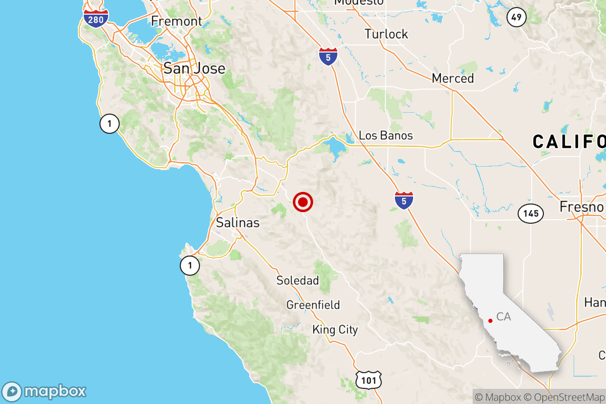 Map showing location of earthquake that occurred 17 miles from Salinas