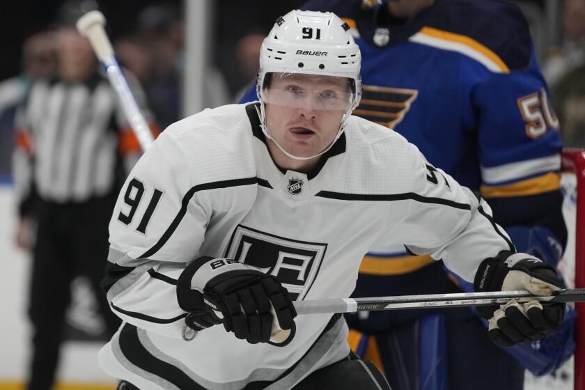 Los Angeles Kings' Carl Grundstrom in action during the first period of an NHL hockey game against the St. Louis Blues Monday, Oct. 31, 2022, in St. Louis. (AP Photo/Jeff Roberson)