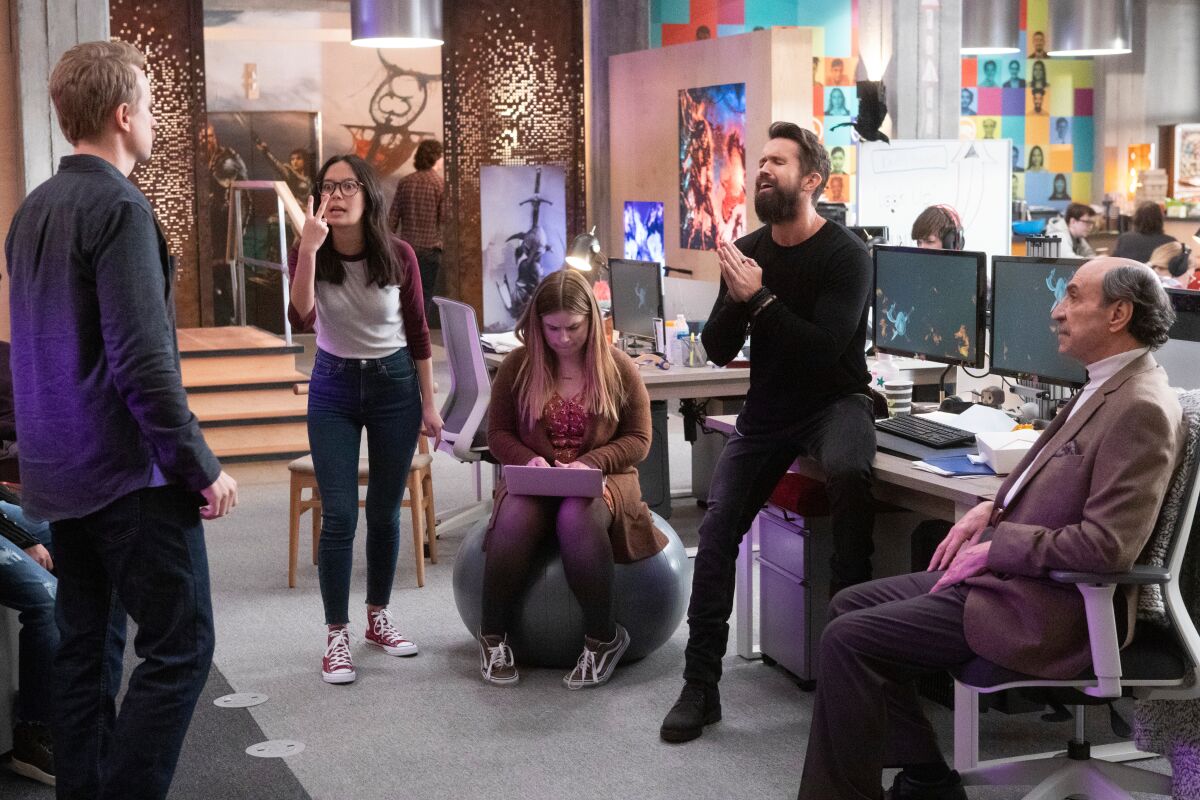 David Hornsby, from left, Charlotte Nicdao, Jessie Ennis, Rob McElhenney and F. Murray Abraham in "Mythic Quest."