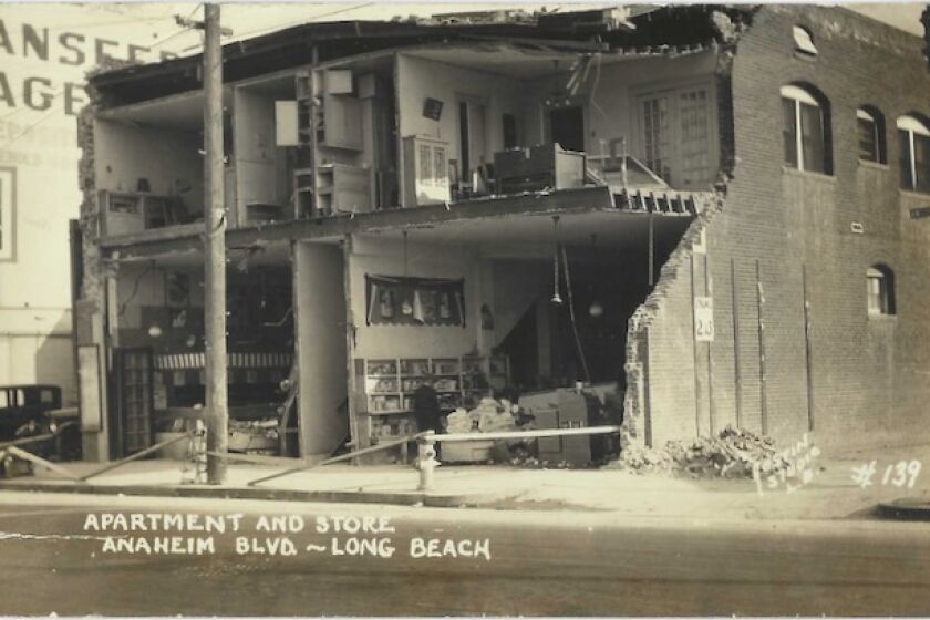 A collapsed facade of a building. Text: Apartment and store. Anaheim Blvd., Long Beach