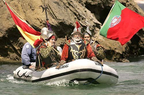 John Olguin, director emeritus of the Cabrillo Marine Aquarium, dressed as Juan Rodriquez Cabrillo, gets ready to step onto San Miguel Island, one of the most remote of the Channel Islands chain.