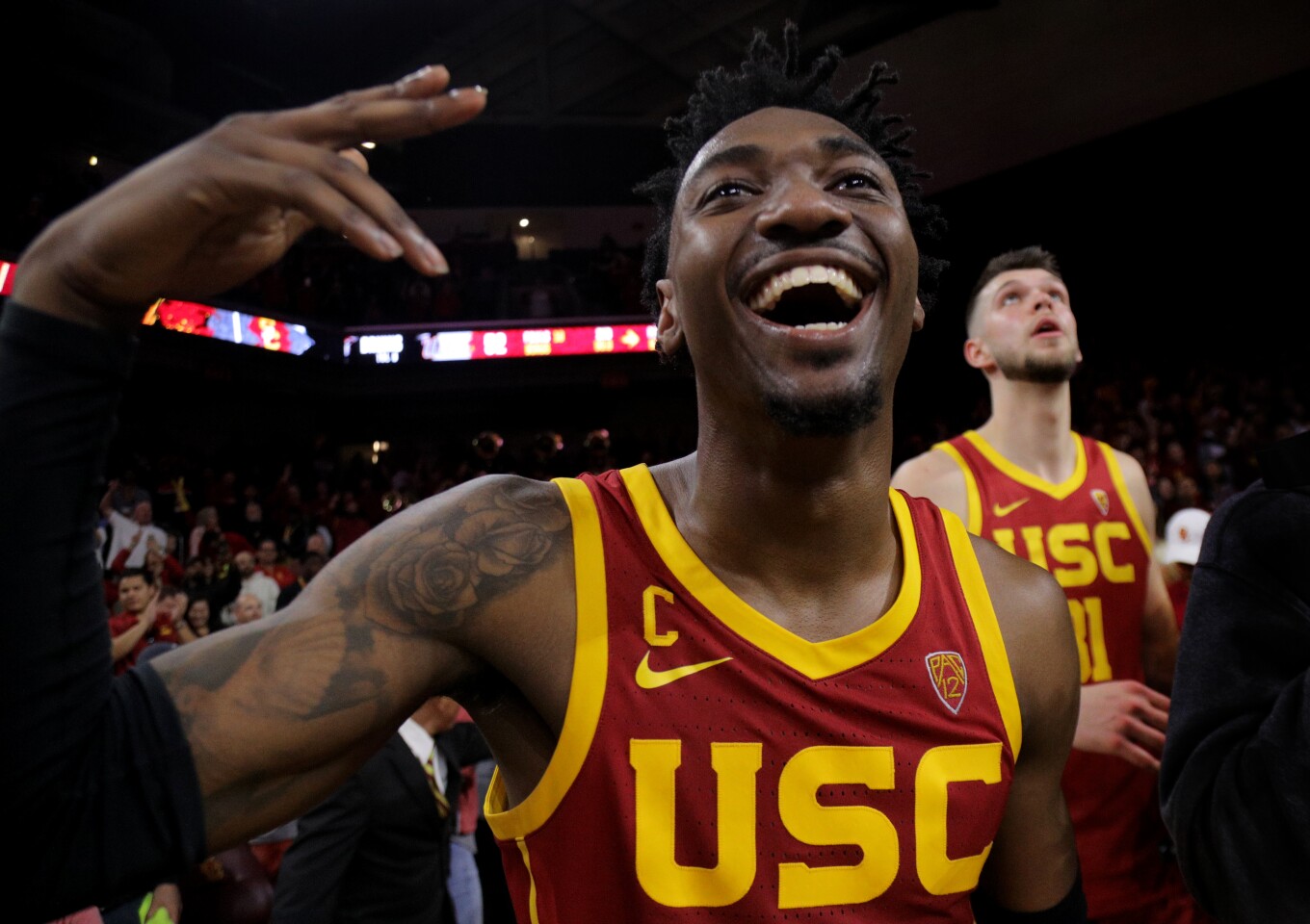 LOS ANGELES, CA - MARCH 7, 2020: USC Trojans guard Jonah Mathews (2) celebrates his game winning 3-point shot to beat UCLA in the final moments at Galen Center on March 7, 2020 in Los Angeles, California. (Gina Ferazzi/Los AngelesTimes)