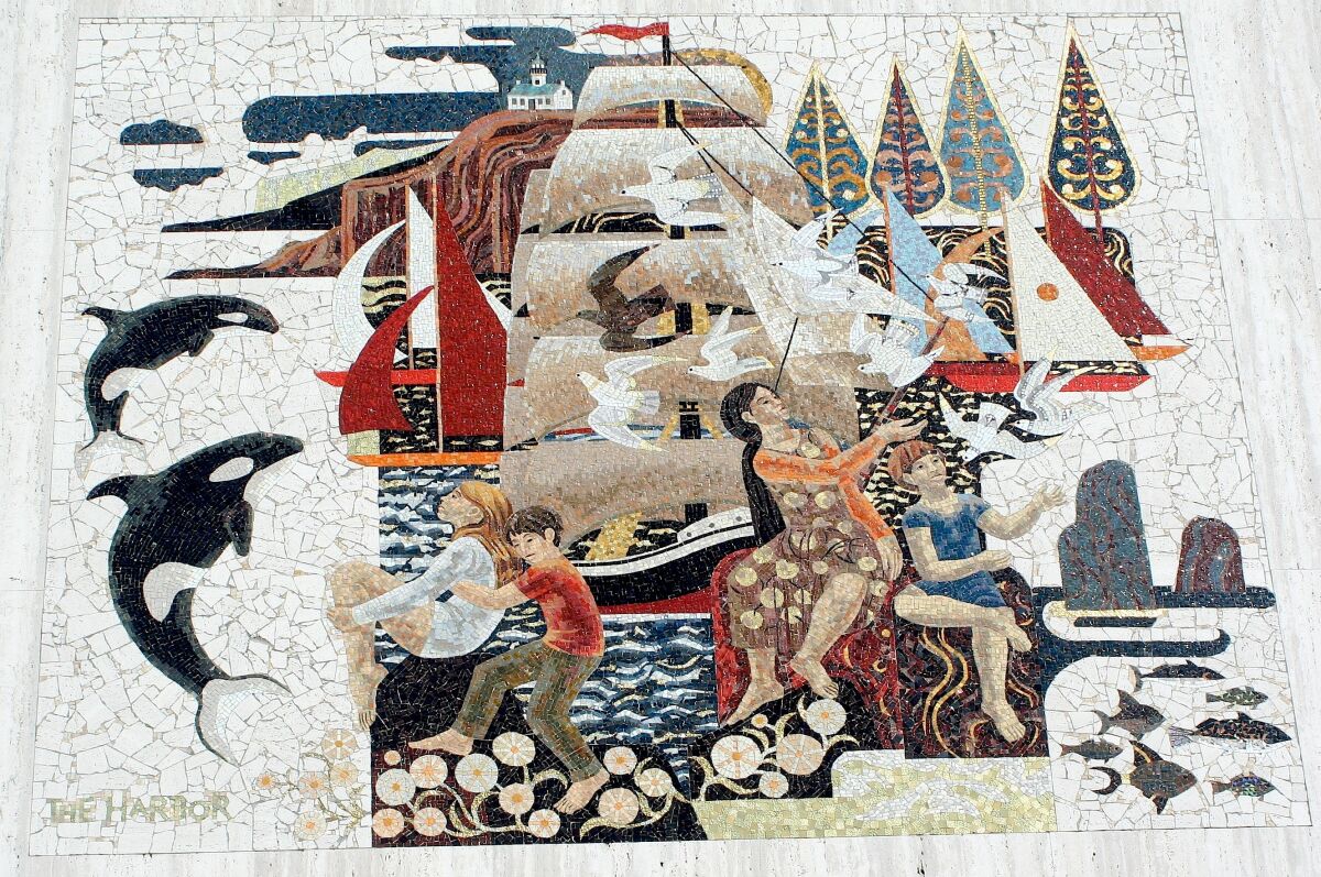 One of the large-scale mosaics at Chase Bank depicts San Diego scenes such as the Star of India and orcas from SeaWorld.