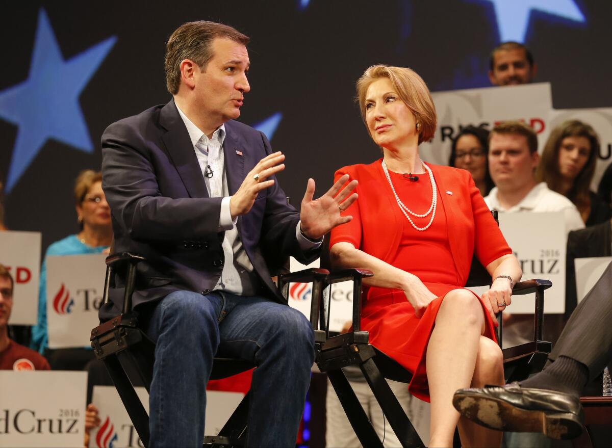 Republican presidential candidate Ted Cruz appears with Carly Fiorina in Orlando, Fla., in March.