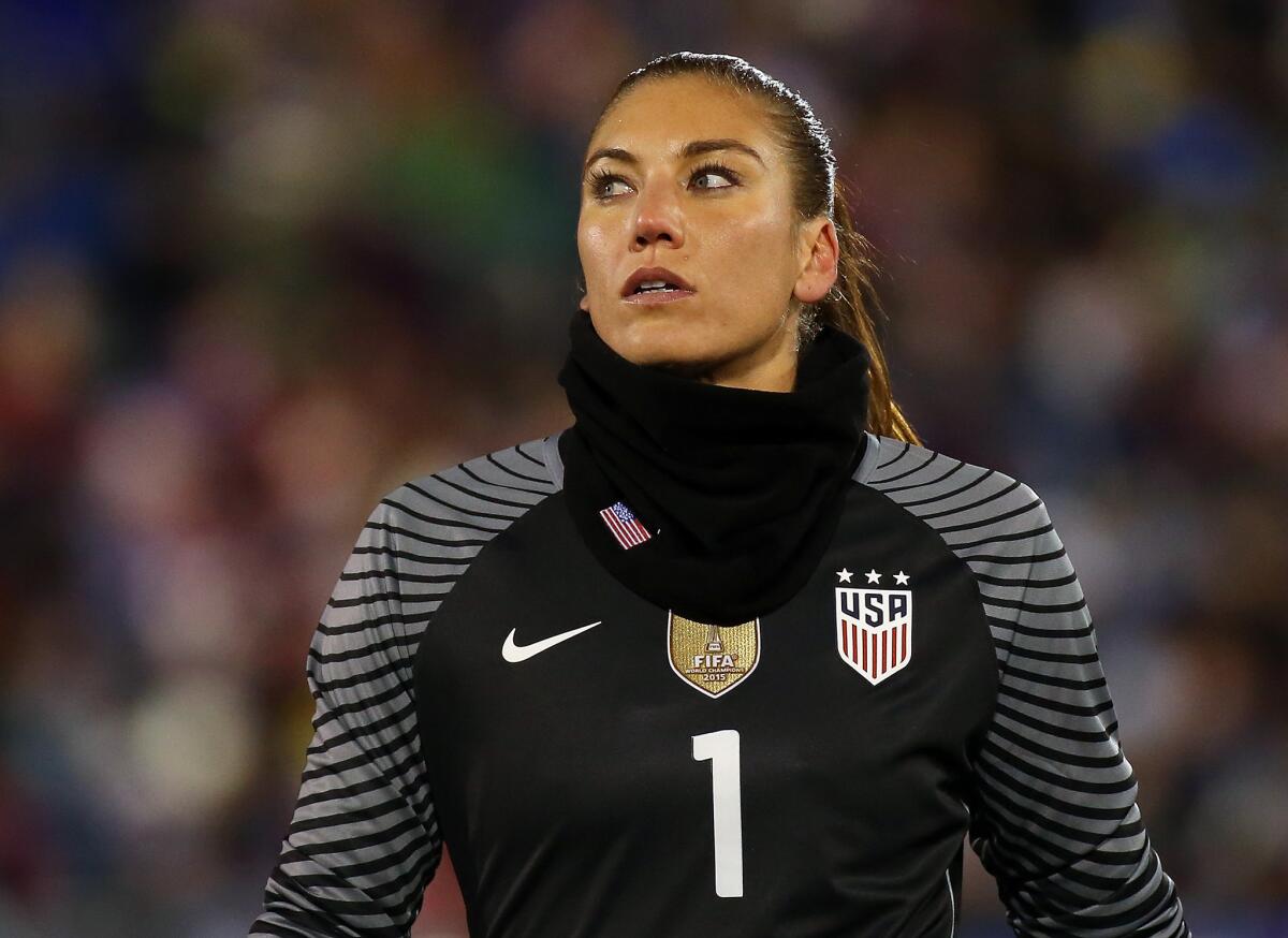 U.S. goalie Hope Solo plays in an international friendly match in East Hartford, Conn., on April 6.