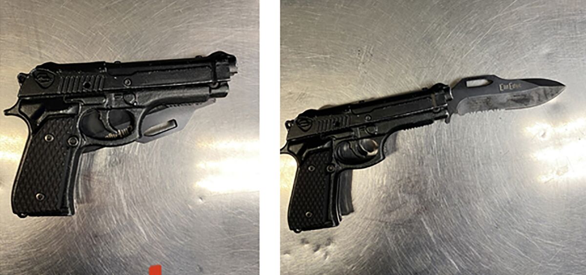 A knife that folds into a replica handgun shape, in closed and open positions