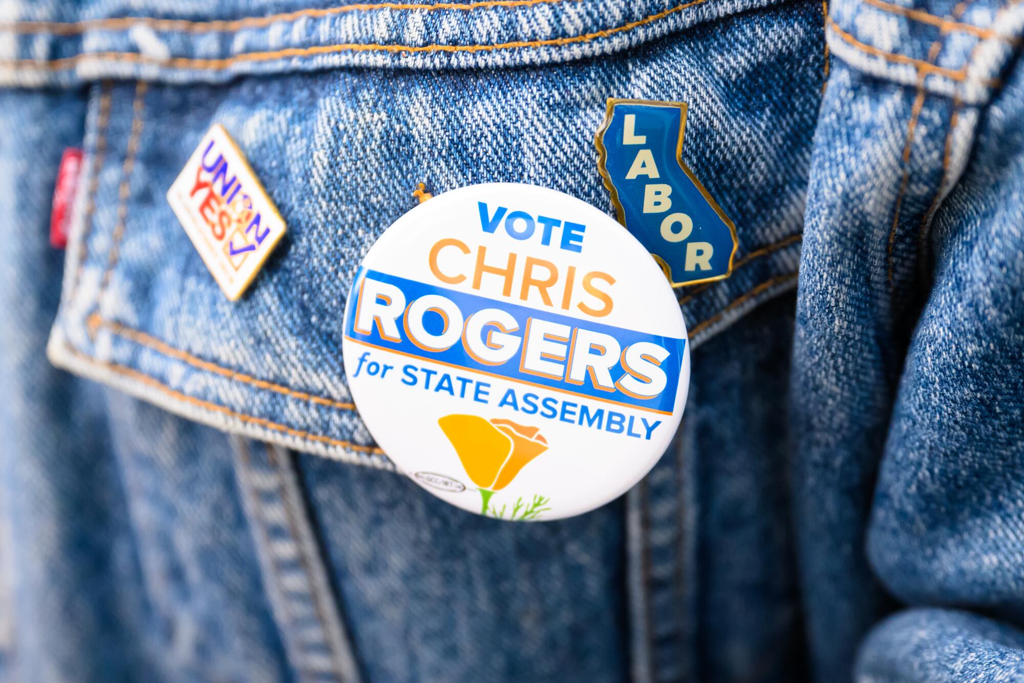A campaign pin has "Vote Chris Rogers for State Assembly" written on it.