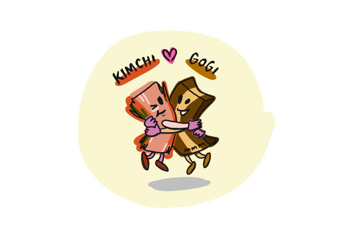Illustration of kimchi and meat hugging