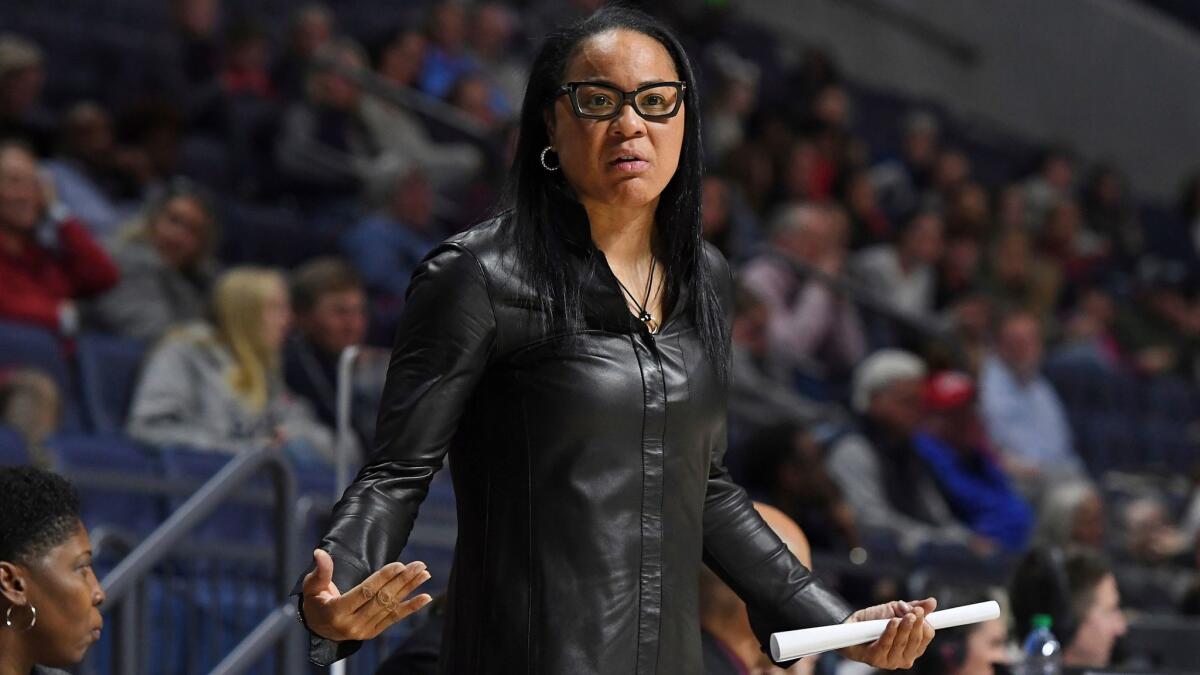 South Carolina coach Dawn Staley coaches the Gamecocks against Mississippi on Jan. 4.