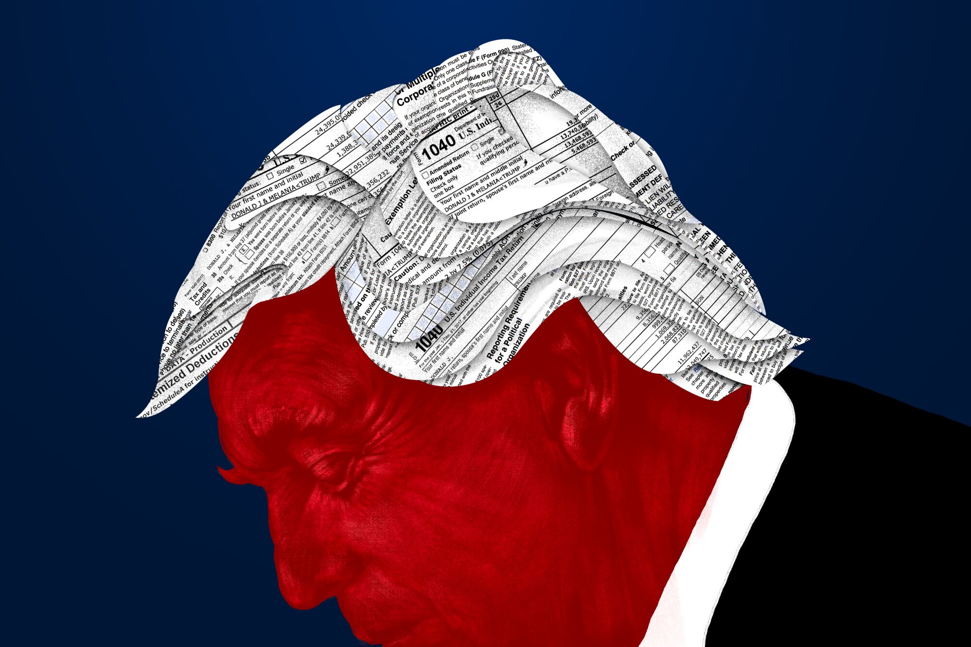 illustration of Donald Trump with tax documents as his hair.