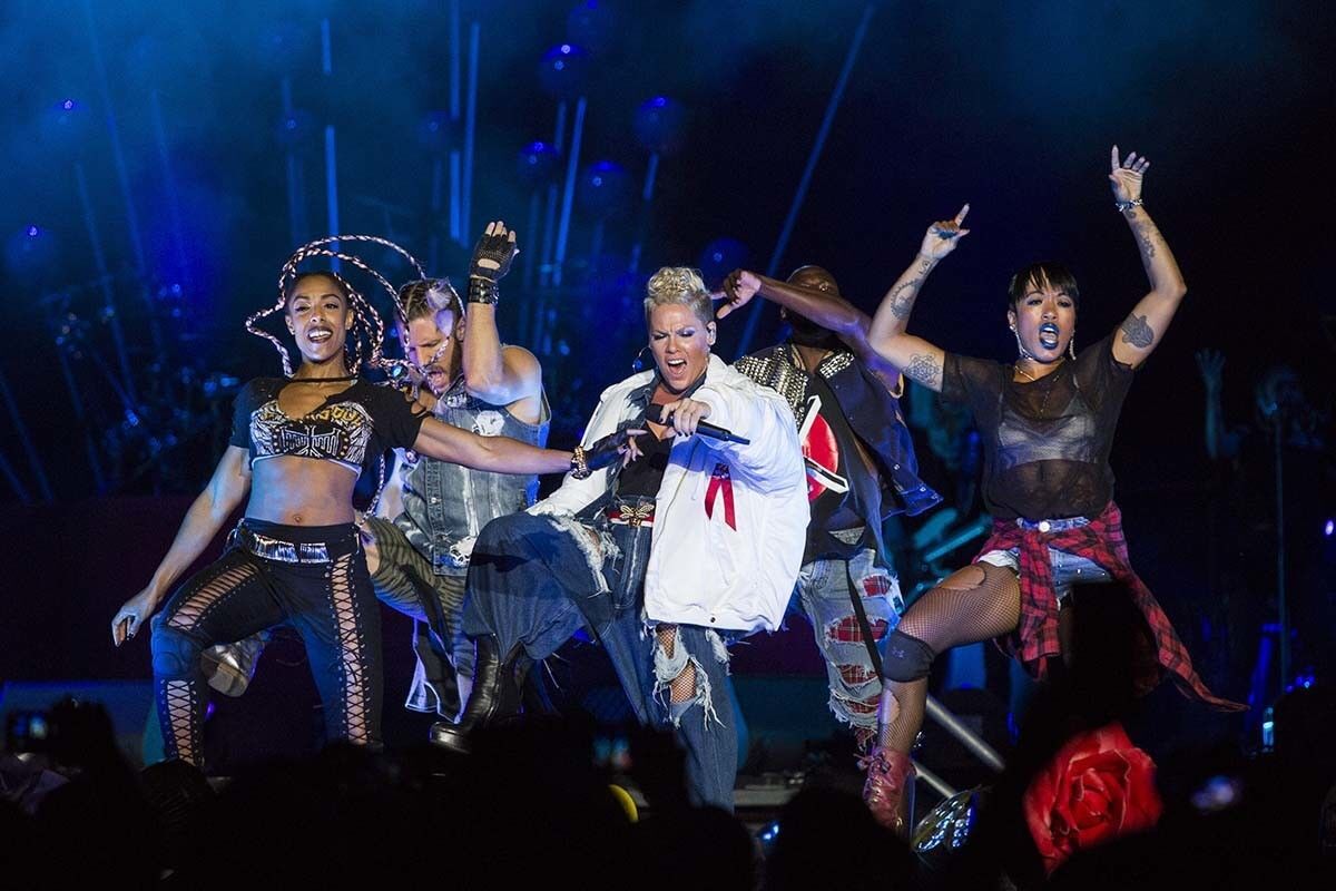 Pink performs on the Sunset Cliffs stage on Saturday night to close out the main performances.
