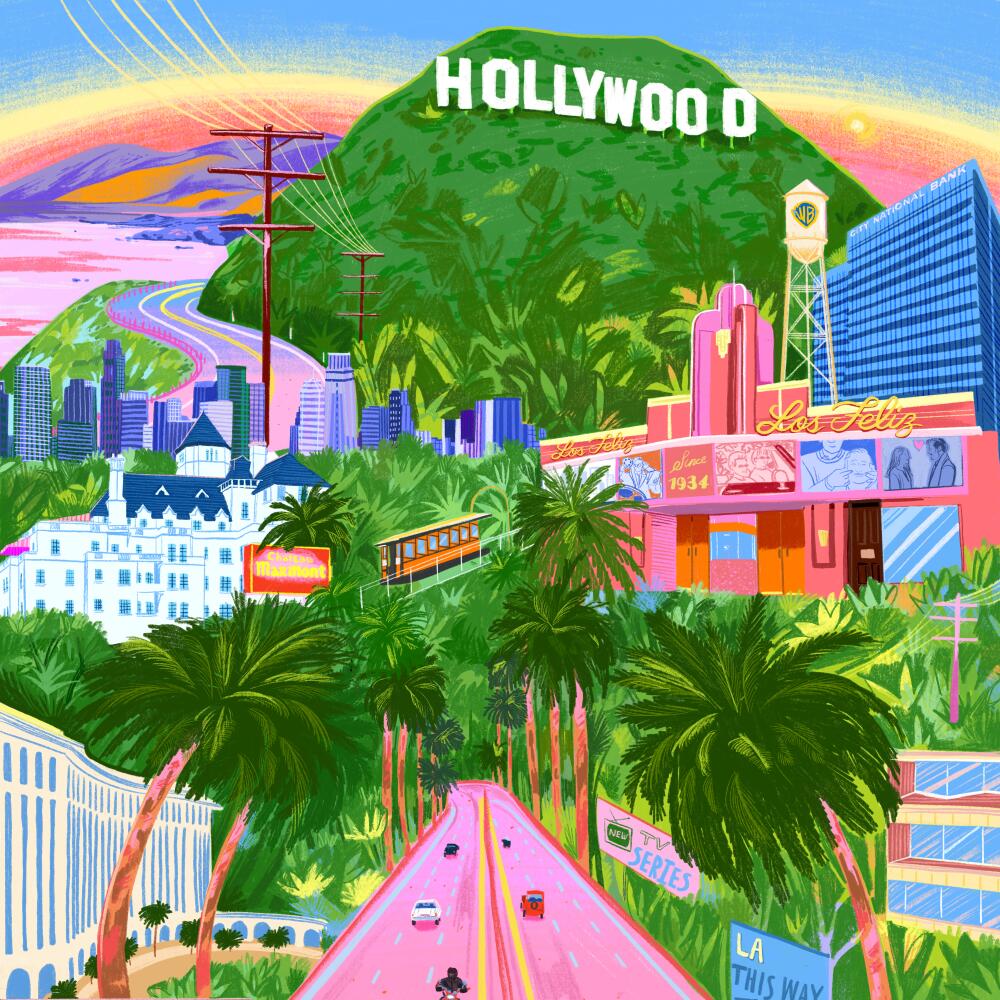 An illustration of the Los Angeles A landscape highlighting some of the favorite spots to film in Hollywood