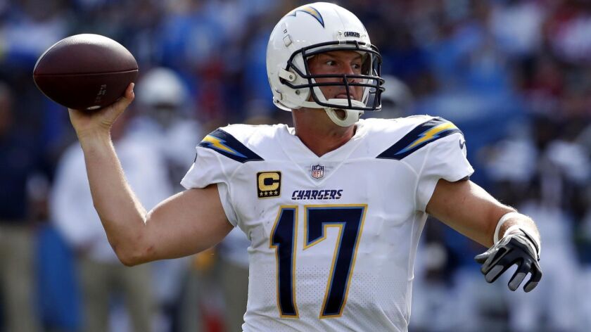 Los Angeles Chargers quarterback Philip Rivers passes against the San Francisco 49ers on Sept. 30, 2018 at Carson.