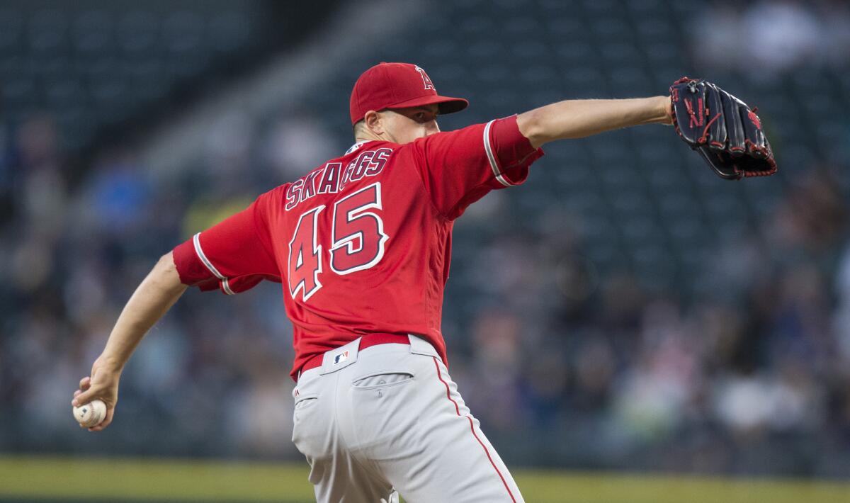 Angels starter Tyler Skaggs delivers a pitch against the Seattle Mariners on Sept. 3.