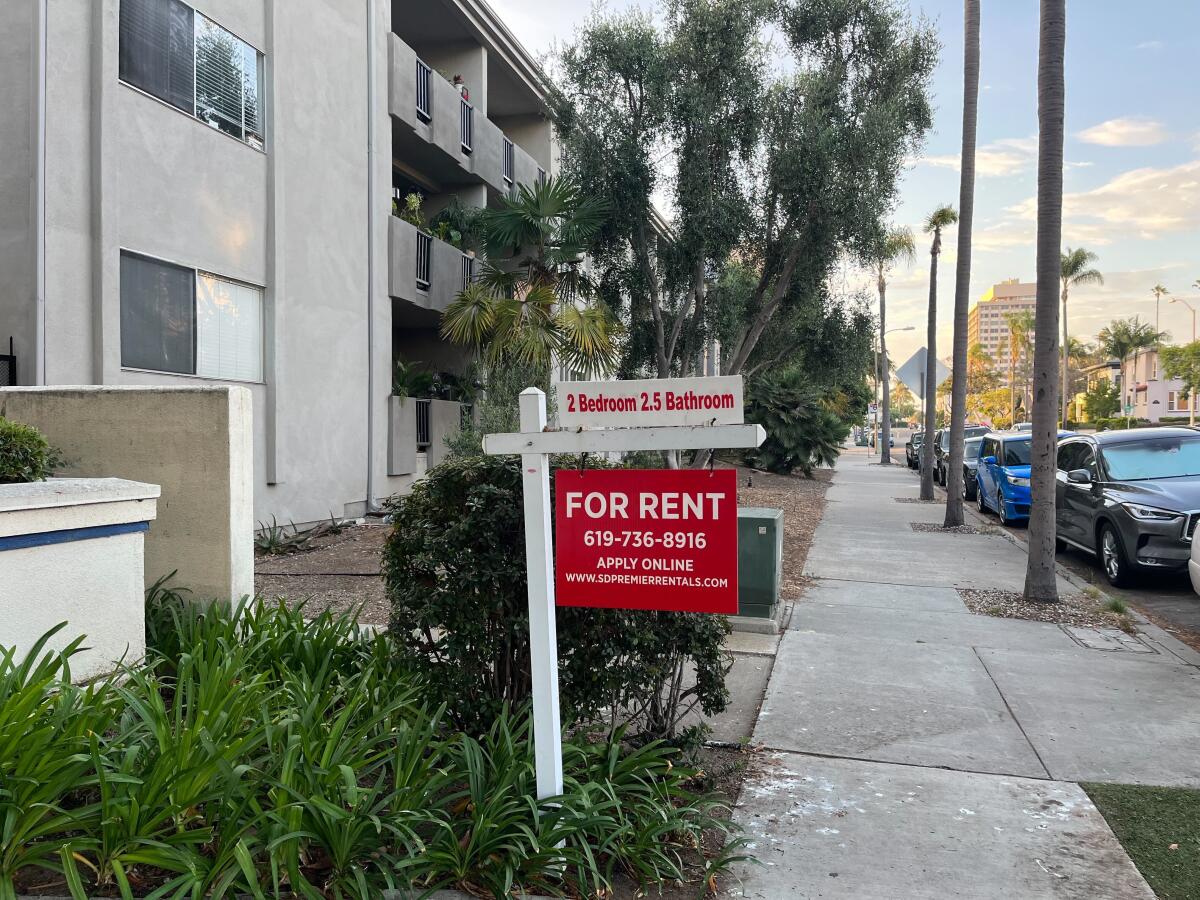 A sign advertising an apartment for rent in San Diego last August.
