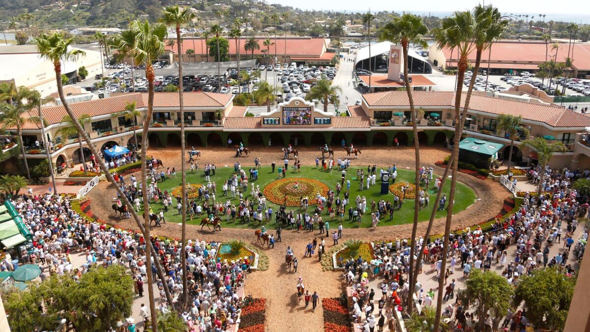Horses make their way to the track at Del Mar on July 15, 2016, last season's opening day.