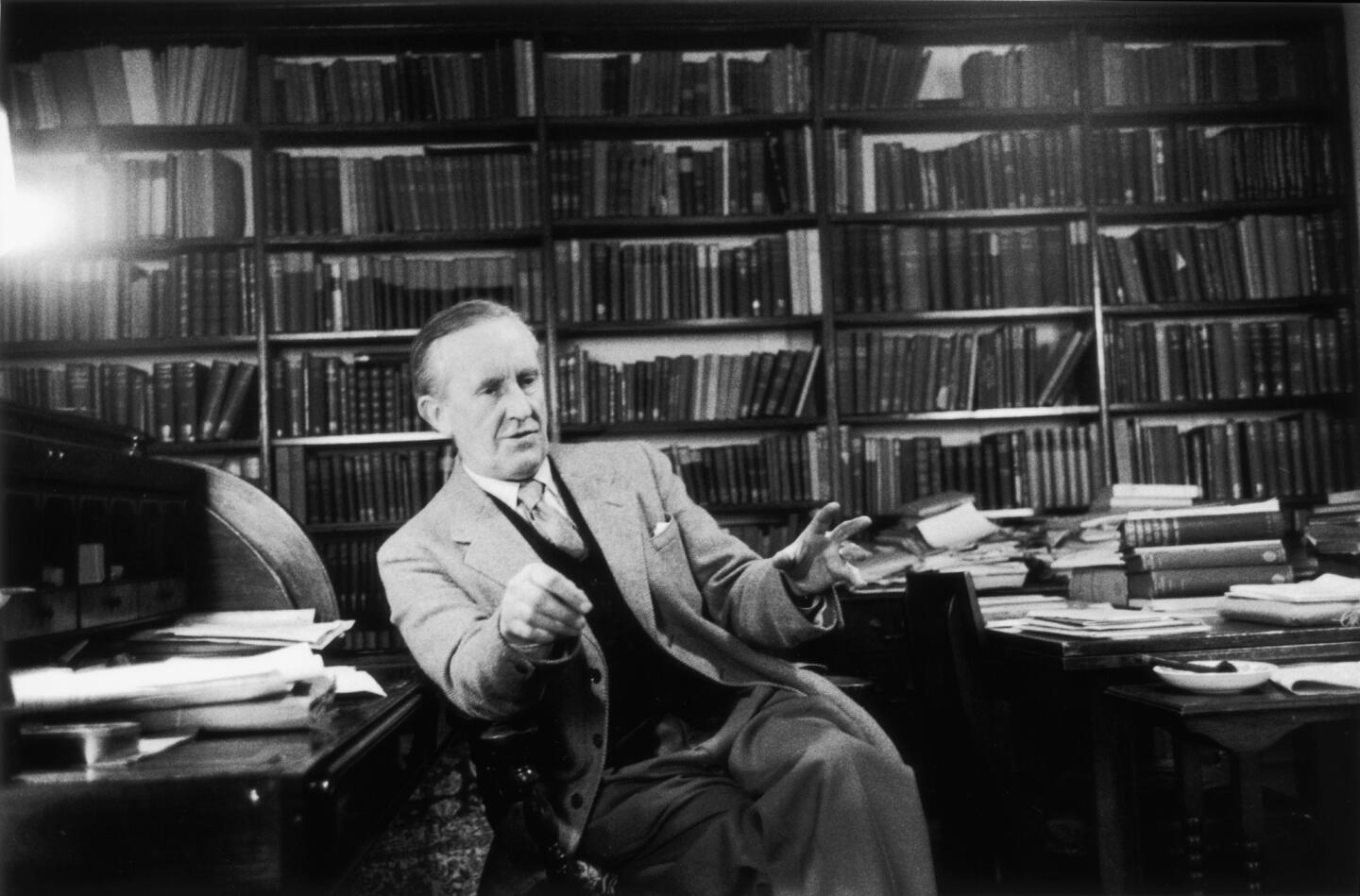 Works by author J.R.R. Tolkien, shown in 1955, continued to see the light of day throughout the 1980s, including: "Finn and Hengest" (1982): Essay on two minor players in "Beowulf," a pair of Anglo-Saxon warriors. "Mr. Bliss" (1982): Facsimile edition of a sweet picture book Tolkien wrote for his children. The eponymous Mr. Bliss drives a bright yellow motorcar. There are talking bears. "The Monsters and the Critics & Other Essays" (1983): Collected academic works, including the famous title essay on "Beowulf."