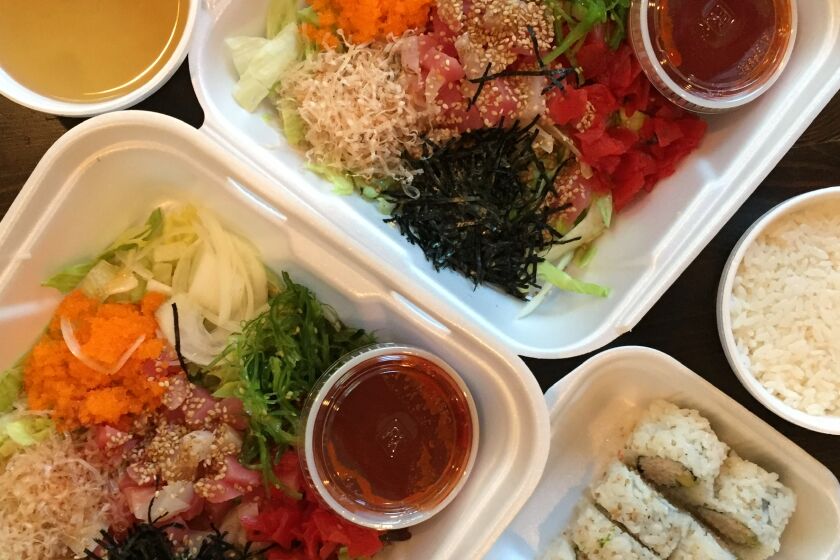 Misoya Rockin’ Sushi's hoedoebap, which includes raw fish, seaweed and rice, is available to-go in Garden Grove.