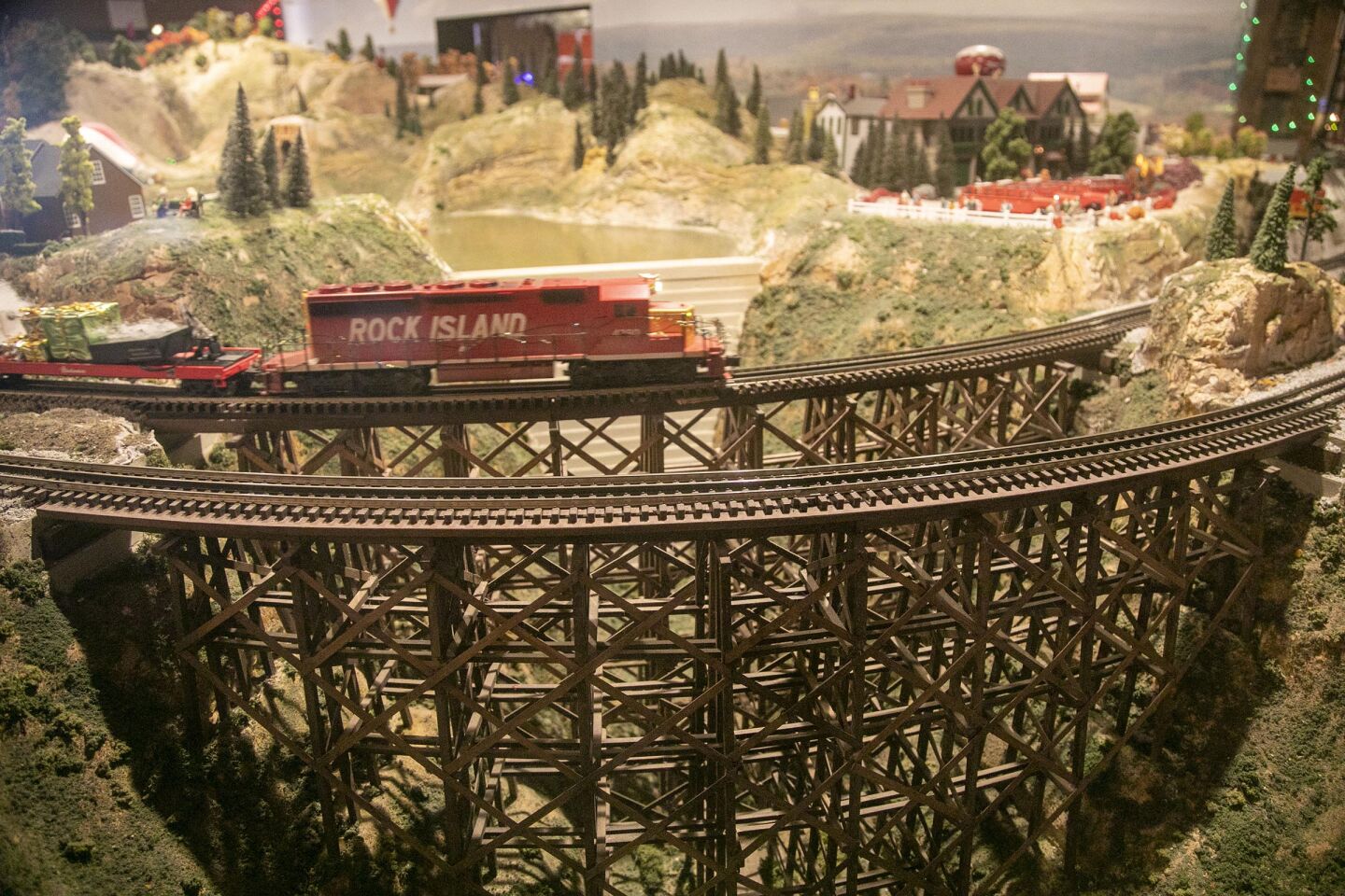 David Lizerbram and his wife Mana Monzavi took over the Old Town Model Railroad Depot, which was in danger of closing. The extensive train layout and its detailed and sometimes humorous dioramas was photographed on Friday, Dec. 13, 2019, at its Old Town, San Diego location. This curved trestle bridge model was built by an engineer when the diorama was created five years ago.