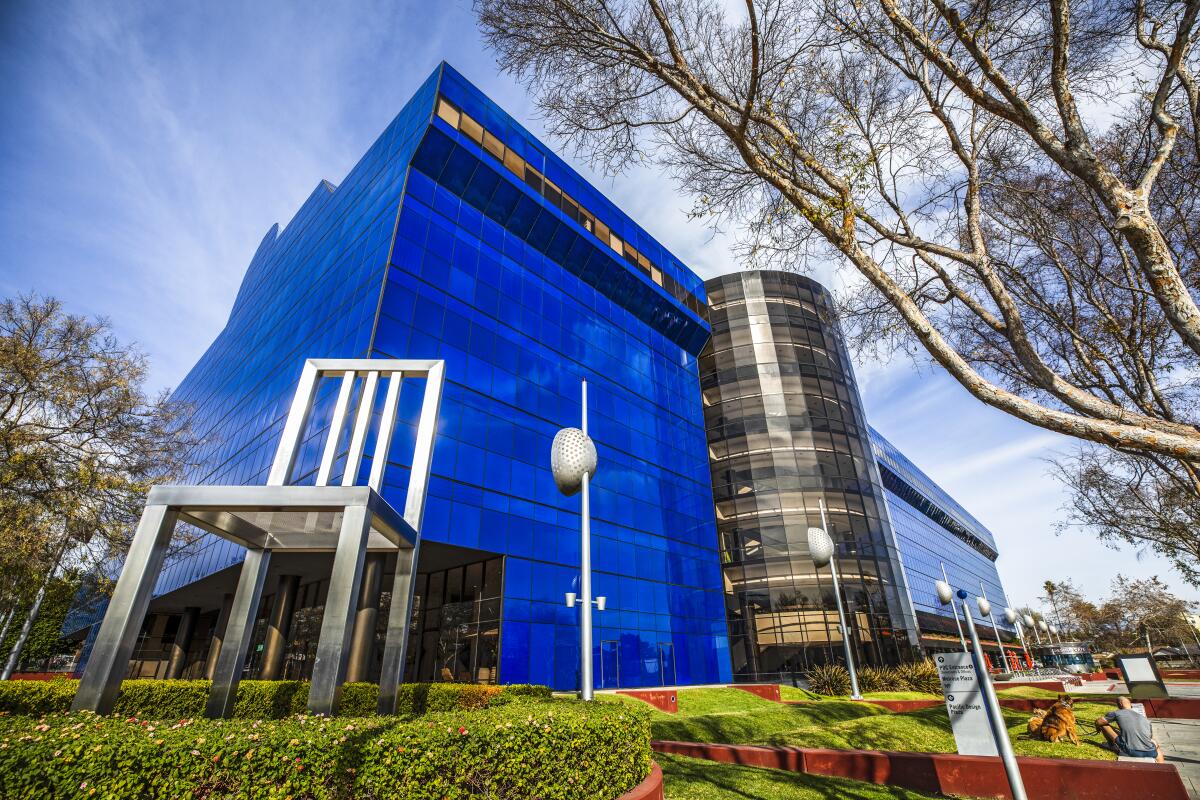 The Pacific Design Center in West Hollywood is wrapped in blue glass.