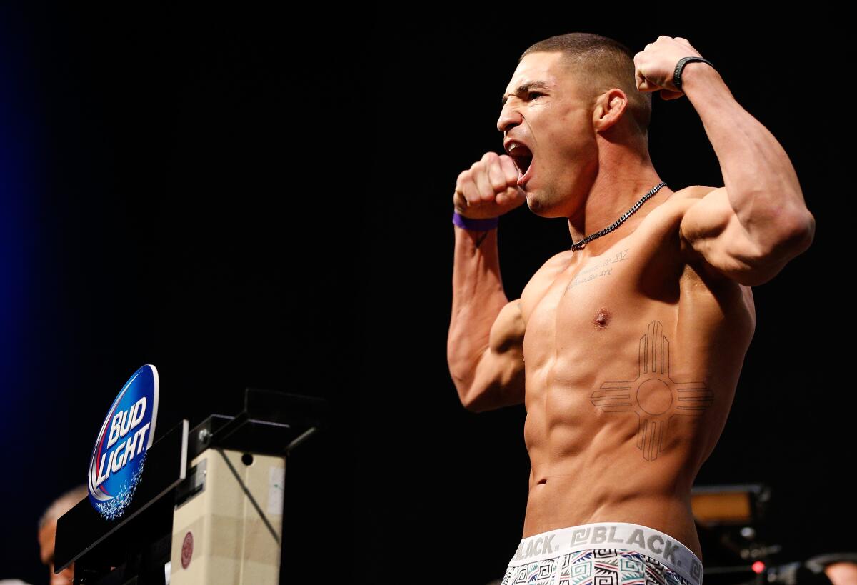 HOUSTON, TEXAS - OCTOBER 18: Diego Sanchez weighs in during the UFC 166 weigh-in event at the Toyota Center on October 18, 2013 in Houston, Texas. (Photo by Josh Hedges/Zuffa LLC/Zuffa LLC via Getty Images)