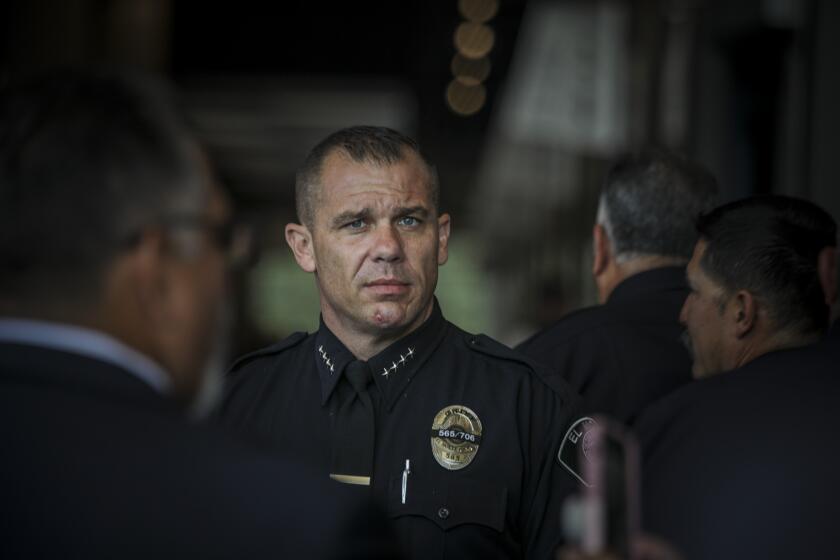 Ontario, CA - June 30: El Monte Police acting police chief Ben Lowry at a memorial service held for El Monte police officers Sgt. Michael Paredes, and officer Joseph Santana, who were fatally shot in the line of duty at Toyota Arena on Thursday, June 30, 2022 in Ontario, CA. (Irfan Khan / Los Angeles Times)