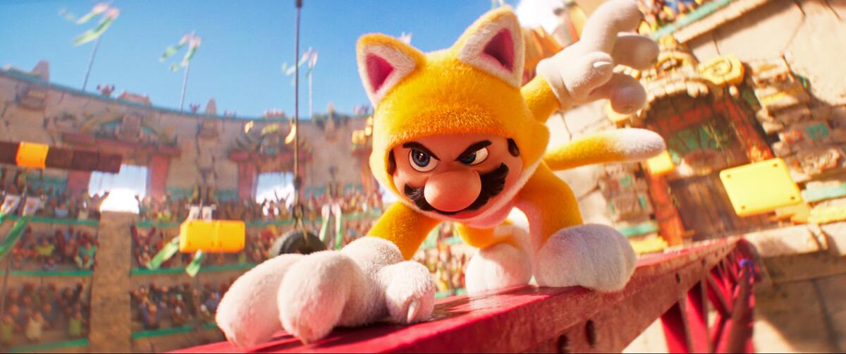 Mario dressed like a cat in an arena
