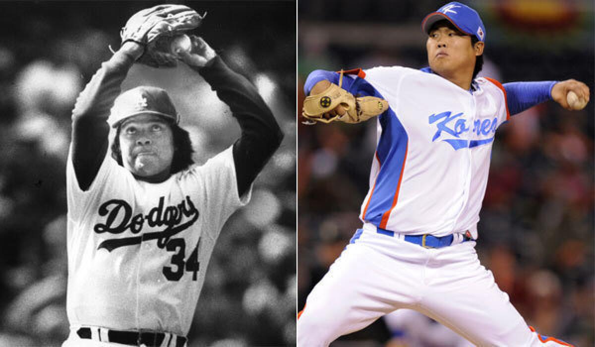 Dodgers legend Fernando Valenzuela, left, and new pitcher Hyun-Jin Ryu are similar in build and demeanor, according to pitching coach Rick Honeycutt.