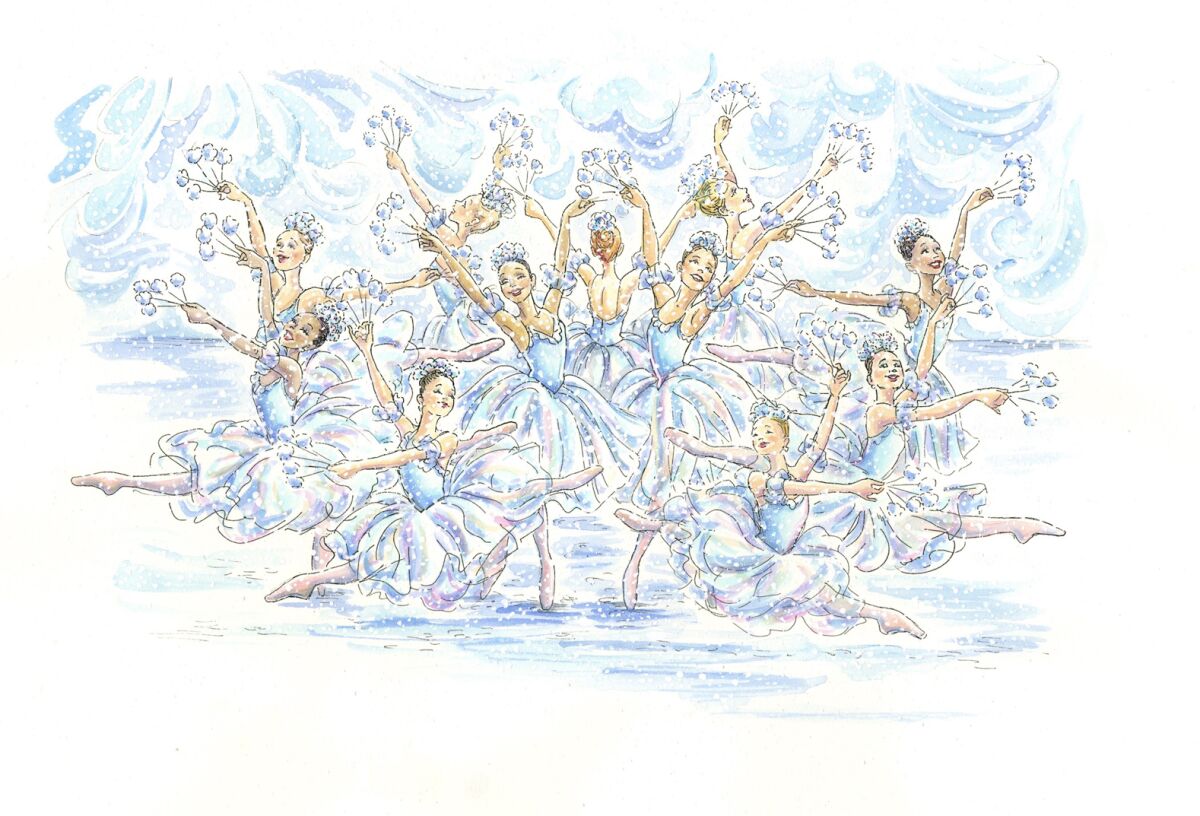 An illustration of ballet dancers in white tutus