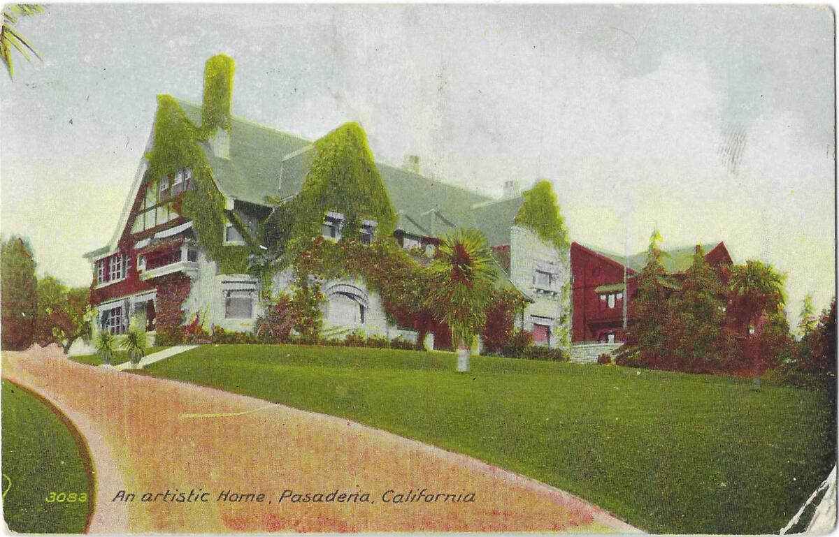 A driveway and wide lawn leads to a large home. Text: "An artistic Home, Pasadena, California"