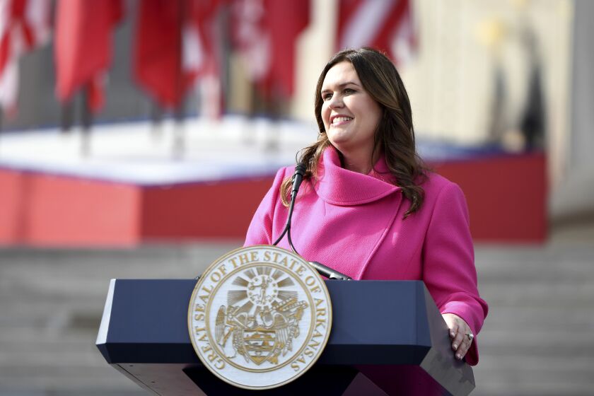 FILE - Arkansas Gov. Sarah Huckabee Sanders speaks after taking the oath of the Jan. 10, 2023, in Little Rock, Ark. Huckabee Sanders is set to return to the national stage when she delivers the Republican response to President Joe Biden's State of the Union address on Feb. 7. (AP Photo/Will Newton, File)