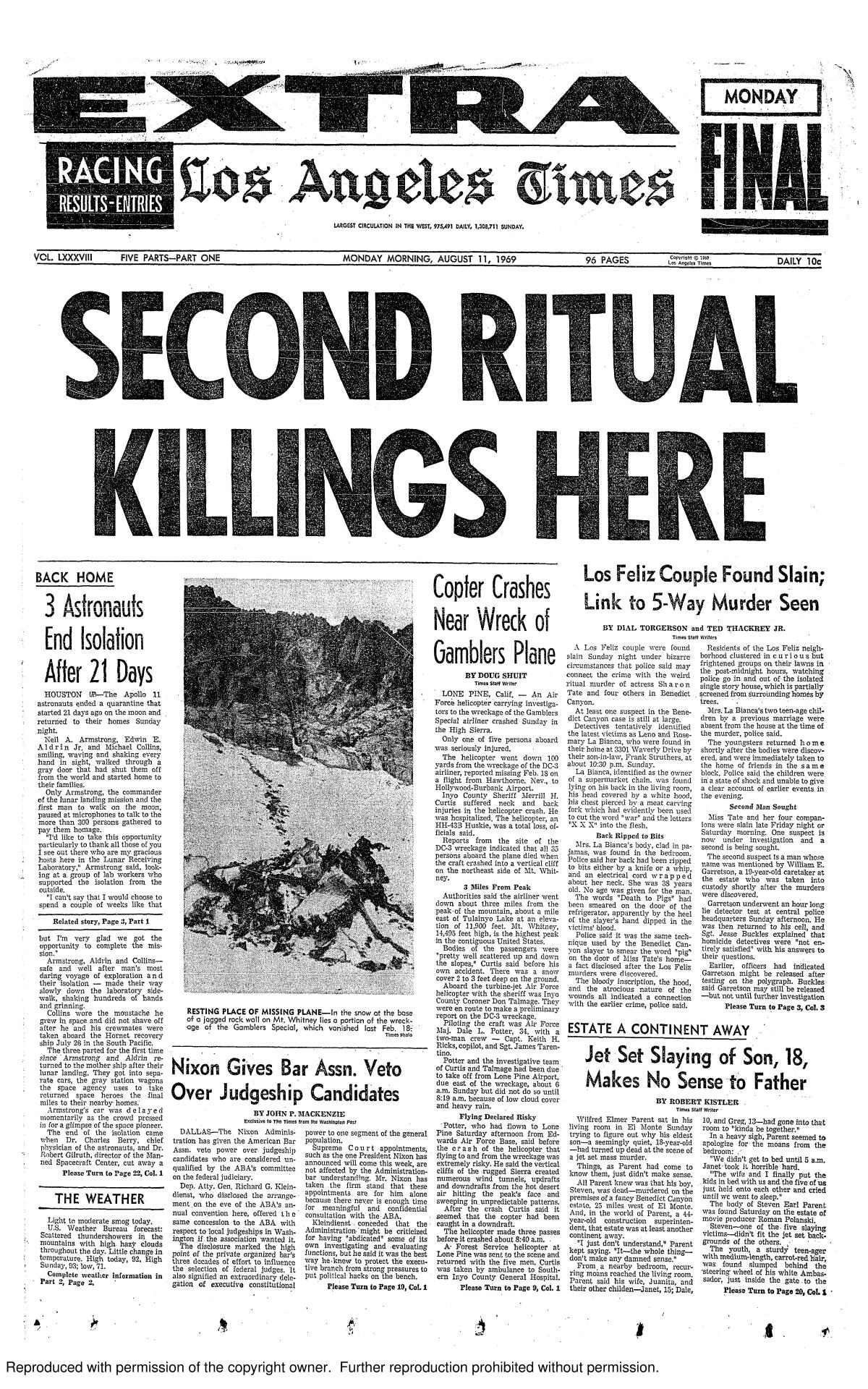 The front page of the Los Angeles Times on Aug. 11, 1969