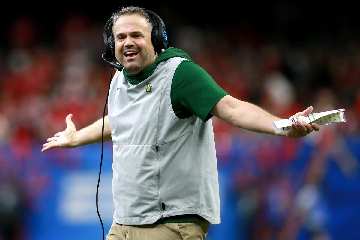 Matt Rhule coaches Baylor in the Sugar Bowl on Jan. 1 in New Orleans. Rhule has accepted the head coaching position with the Carolina Panthers, according to the Associated Press.