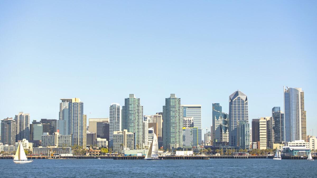 Downtown San Diego from aboard Hornblower's Whale Watching Cruises on January 19, 2019.