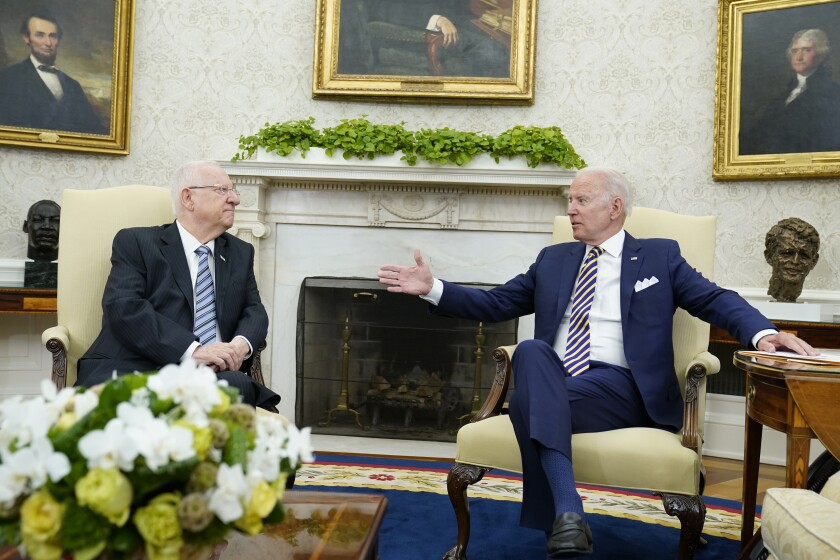 President Joe Biden meets with Israeli President Reuven Rivlin in the Oval Office on Monday.
