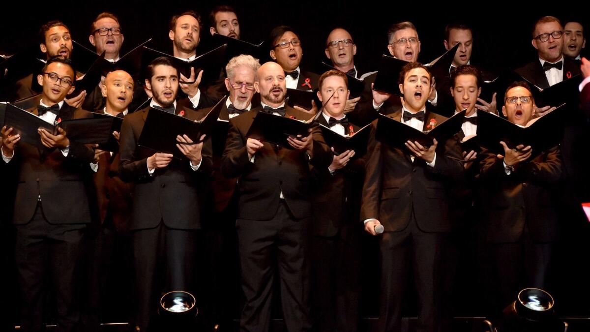 The Gay Men’s Chorus of Los Angeles sings a medley of movie music composed by honoree Stephen Schwartz. (Lester Cohen / Getty Images for ASCAP)