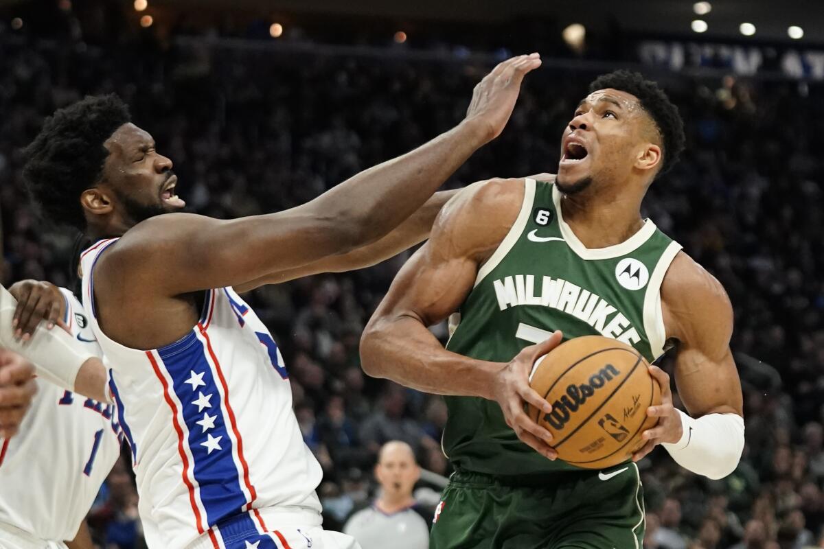 Giannis Antetokounmpo of the Milwaukee Bucks drives to the basket