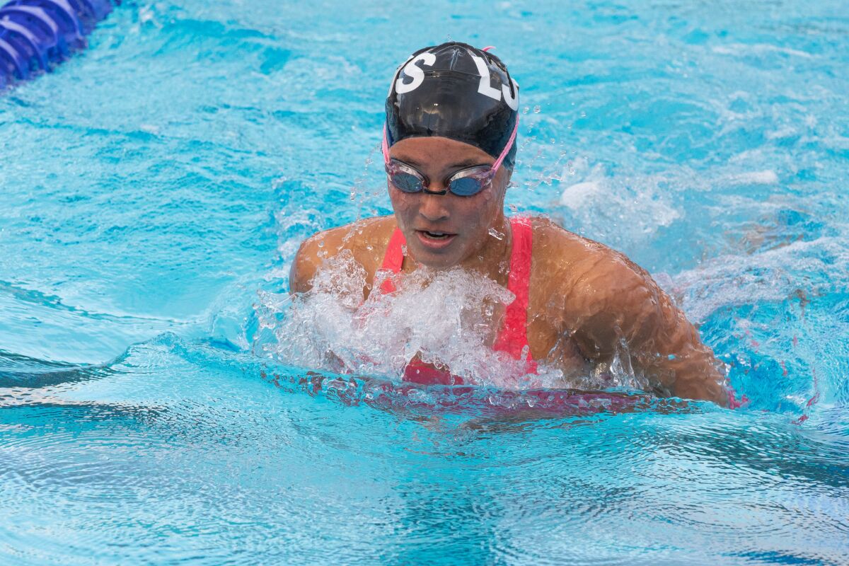 Arielle Brotman is pictured in 2021 during a swim meet in which she broke the LJHS record for the 100-meter breaststroke. 