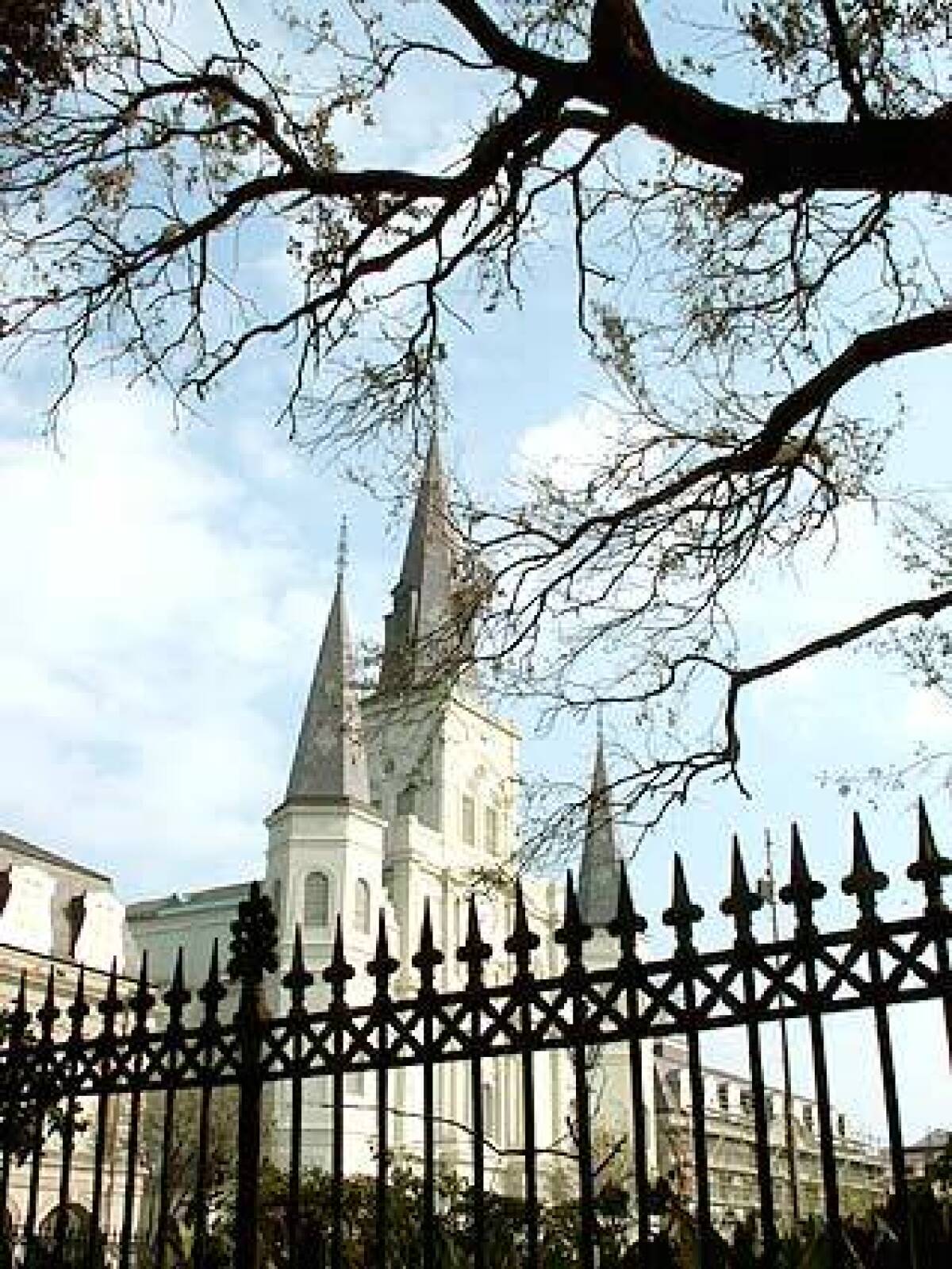 St. Louis Cathedral appears to have weathered the storm in New Orleans French Quarter. But Hurricane Katrinas powerful winds stripped trees bare.