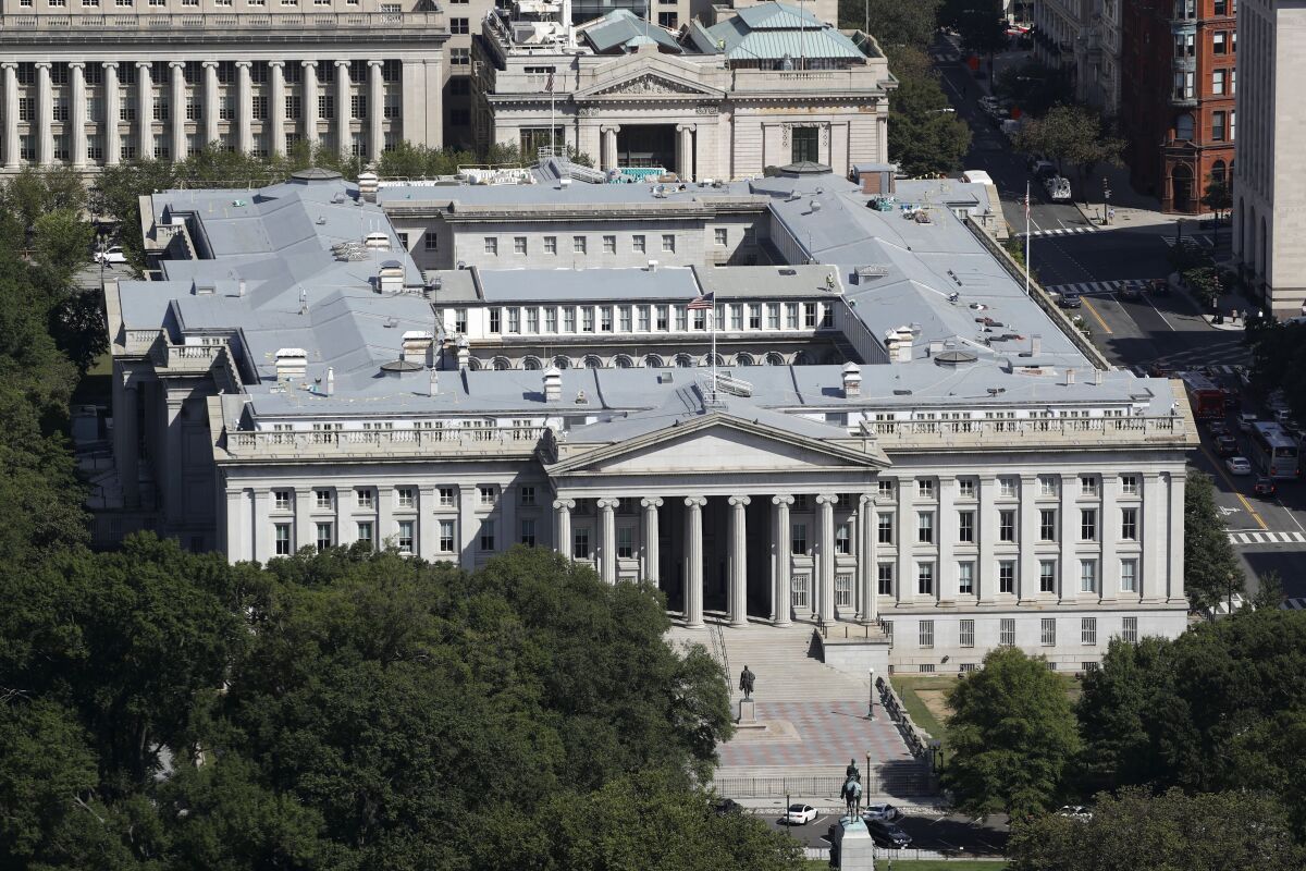 A bird's eye view of the U.S. Treasury Department building. 