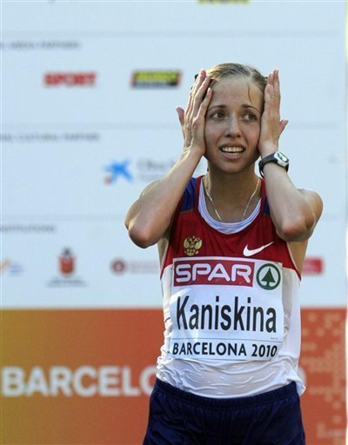 Russia's Olga Kaniskina reacts after winning the Women's 20km Race Walk during the European Athletics Championships, in Barcelona, Spain, Wednesday, July 28, 2010. (AP Photo/Manu Fernandez)