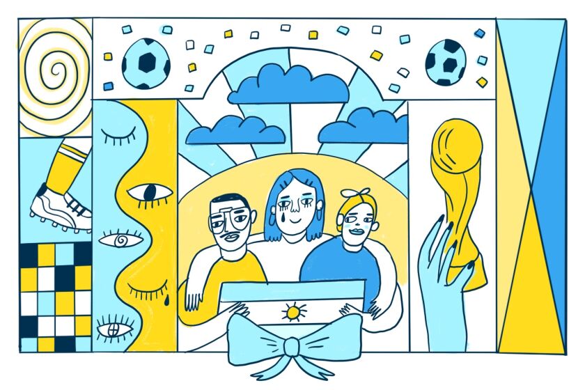 An illustration collage of a family with Argentina flag, soccer balls and world cup trophy 