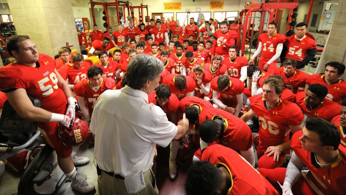 Cathedral Catholic coach Sean Doyle addressed his team before a game. The Dons moved up to No. 2 in the rankings, behind only No. 1 Torrey Pines.