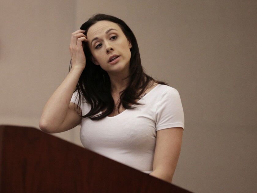 Porn actress Chanel Preston, president of the Adult Performer Advocacy Committee, speaks at a California Division of Occupational Safety and Health board hearing Thursday in Oakland. Scores of porn actors, writers, directors and producers are imploring state officials not to make them use condoms in films.