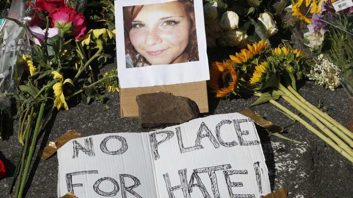 A makeshift memorial for Heather Heyer in Charlottesville, Va., on Aug. 13, 2017, the day after she was killed.