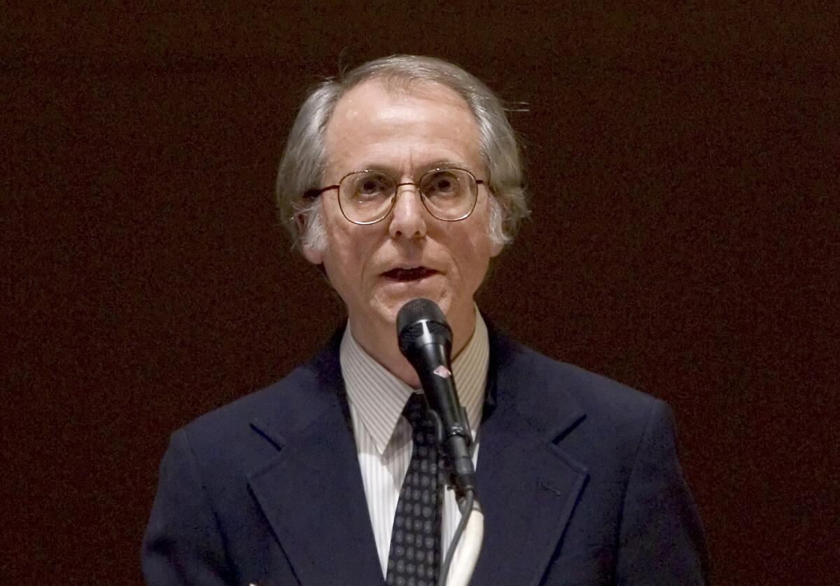 2008 photo of author Don DeLillo speaking at Carnegie Hall in New York.