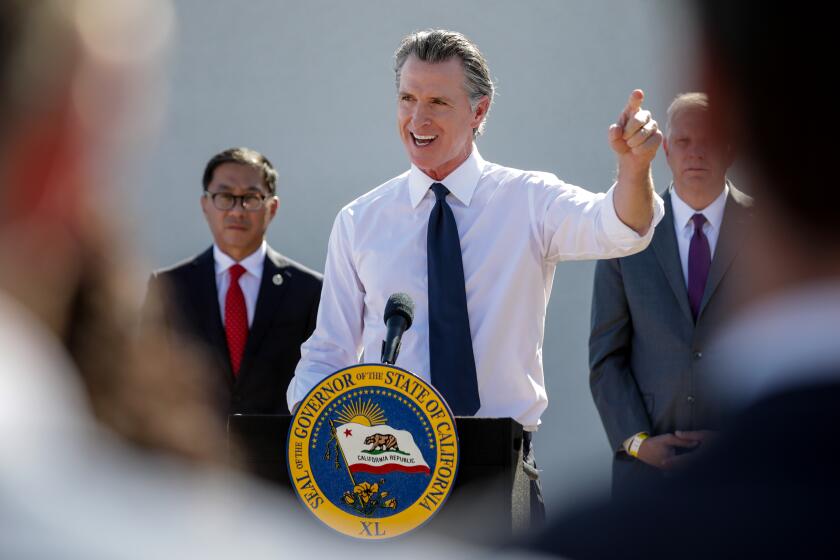 Fullerton, CA - October 27: Gov. Gavin Newsom at the speaks at the inauguration of a new unified command center in Orange County for health care workers, CBOs, and local law enforcement to address homelessness collaboratively at HOPE Center on Thursday, Oct. 27, 2022 in Fullerton, CA. (Irfan Khan / Los Angeles Times)