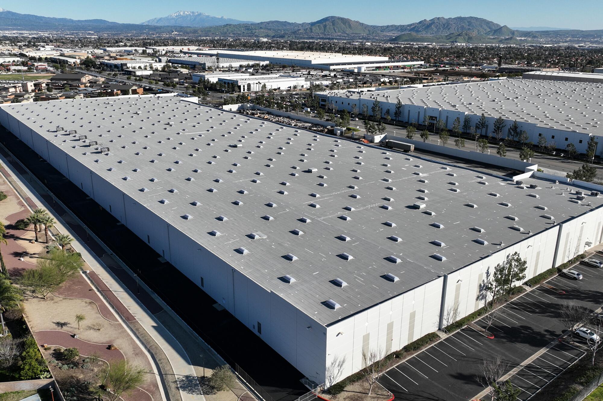 An aerial view of a sprawling warehouse complex.