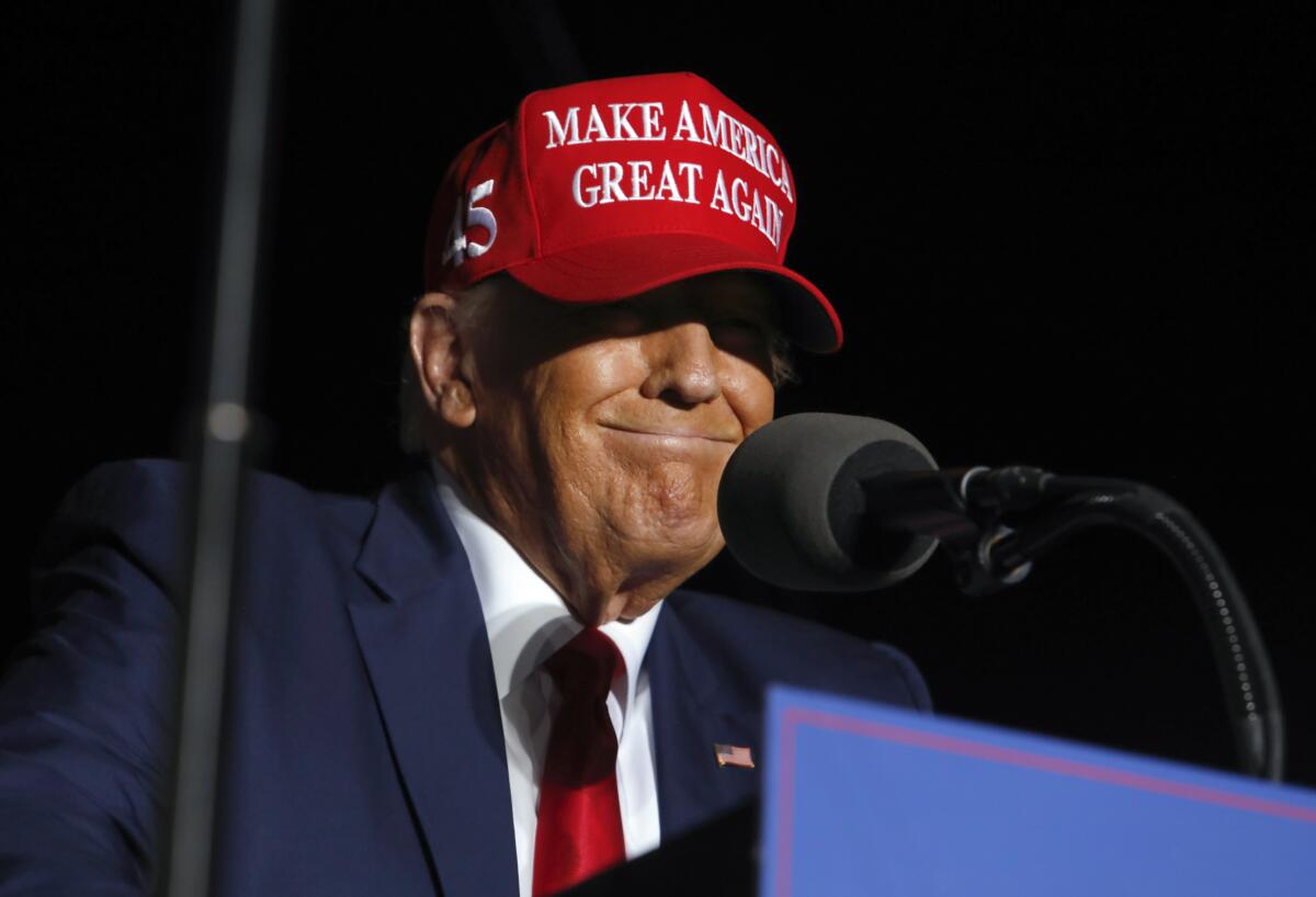 Donald Trump, wearing a red Make America Great Again hat, smiles in front of a microphone