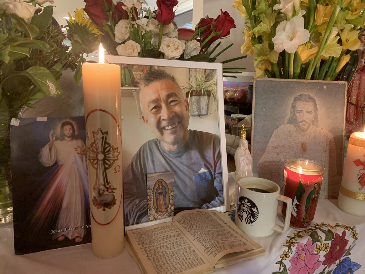 A family altar to Claudio Arturo Diaz, who died in San Rafael on April 4 after a two-month battle with COVID-19. 